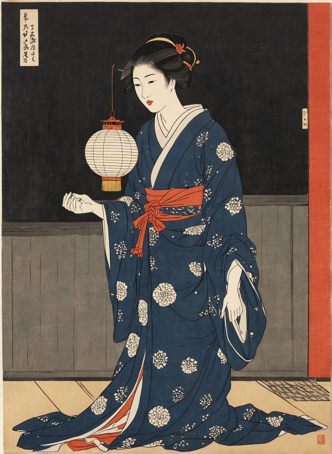 Lantern and shoulder. A paper lantern at the left edge lays flat warm colour across one shoulder while the rest of the figure stays in unmodelled shade.