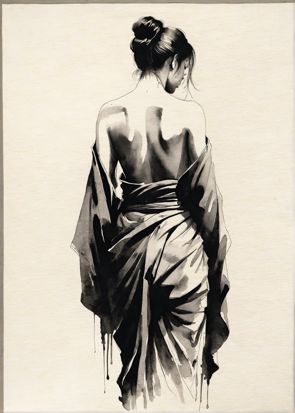 One line across the back. One dark line crosses the shoulder blades of a draped figure and the rest of the ground is left bare.