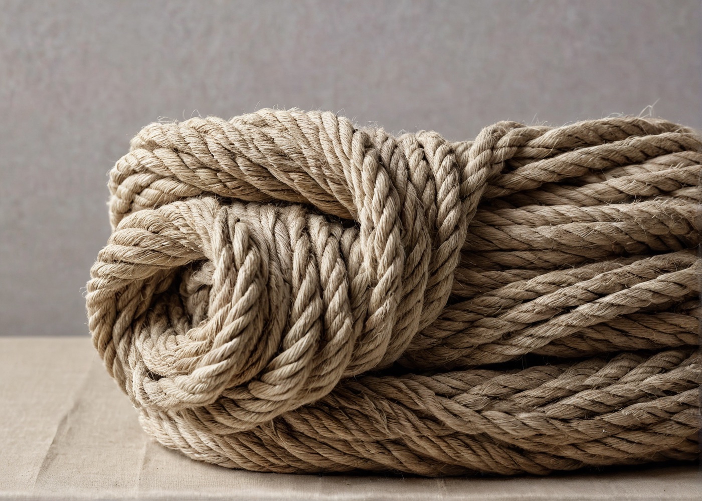 Rope at rest. A coil of jute lies on folded cloth with no one in the frame, raked from the left so the twist reads along its length.